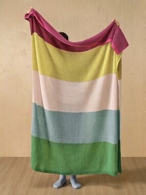 Colorblock Striped Knit Throw Blanket - Pink, Yellow, Cream, Blue, Green